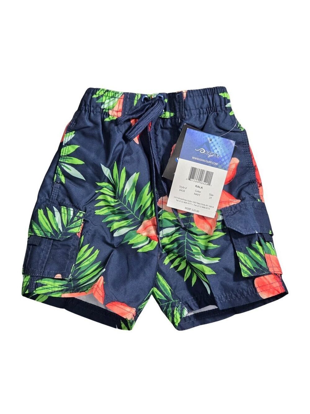 NWT | Kanu Surf "Kala" Navy Tropical Leaf Print Cargo Swim Trunks | 3T
